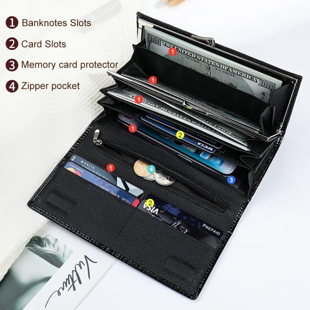 Women's Black Wallet Long Leather Purse Credit Card Ladies Casual Fashion Clutch - Picture 3 of 6